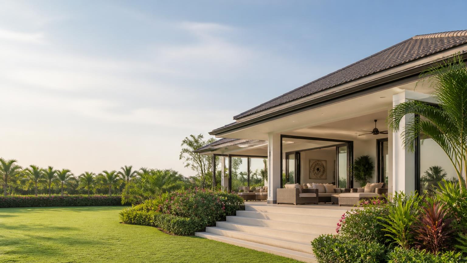 Modern tropical villa with a landscaped garden